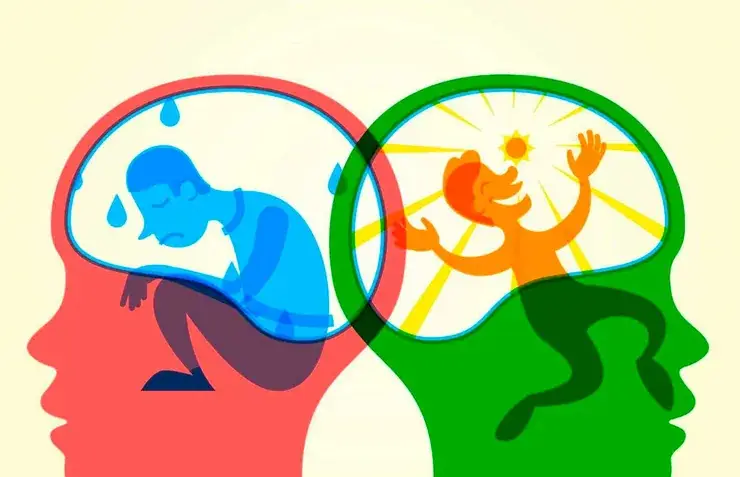 Ilustração de perfis coloridos representando oscilações de humor